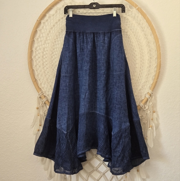 Dresses & Skirts - Oizino Linen Boho Lagenlook Asymmetrical Hem Pockets Blue Midi Maxi Skirt M